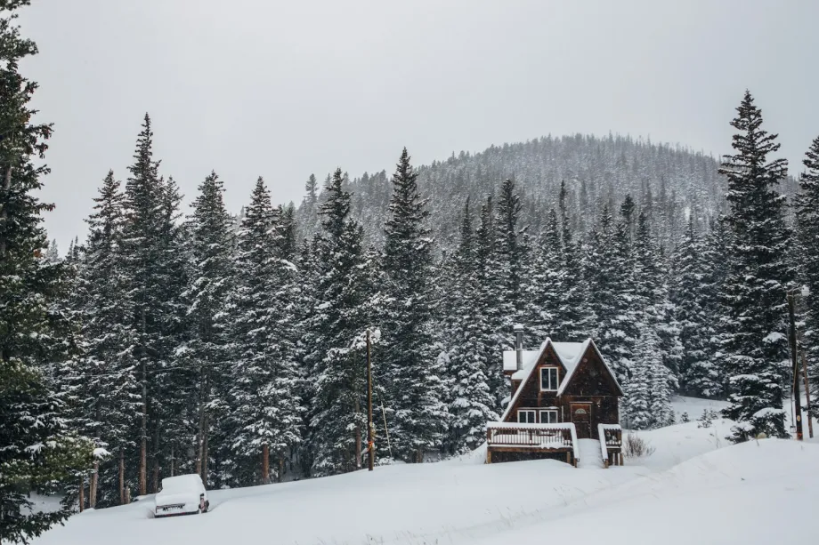 Wooden house in deep snow among trees